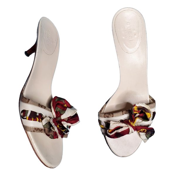 Gucci Shoes - Vintage Y2K Gucci Ivory Leather Floral Logo Scarf Kitten Heel Mule Sandals 7